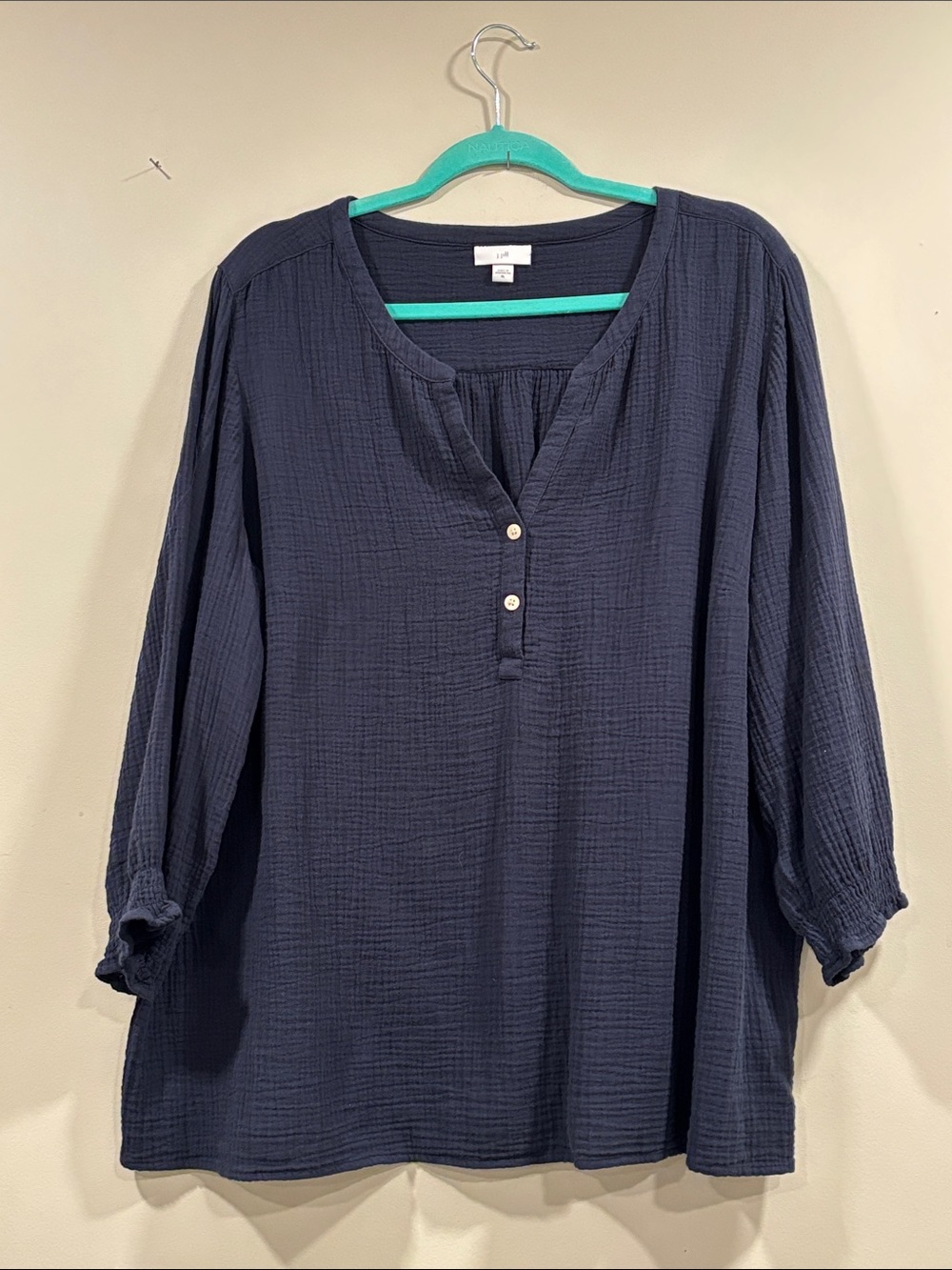 J. Jill Navy Cotton Gauze 2-Button Popover Henley Top with 3/4 Sleeves